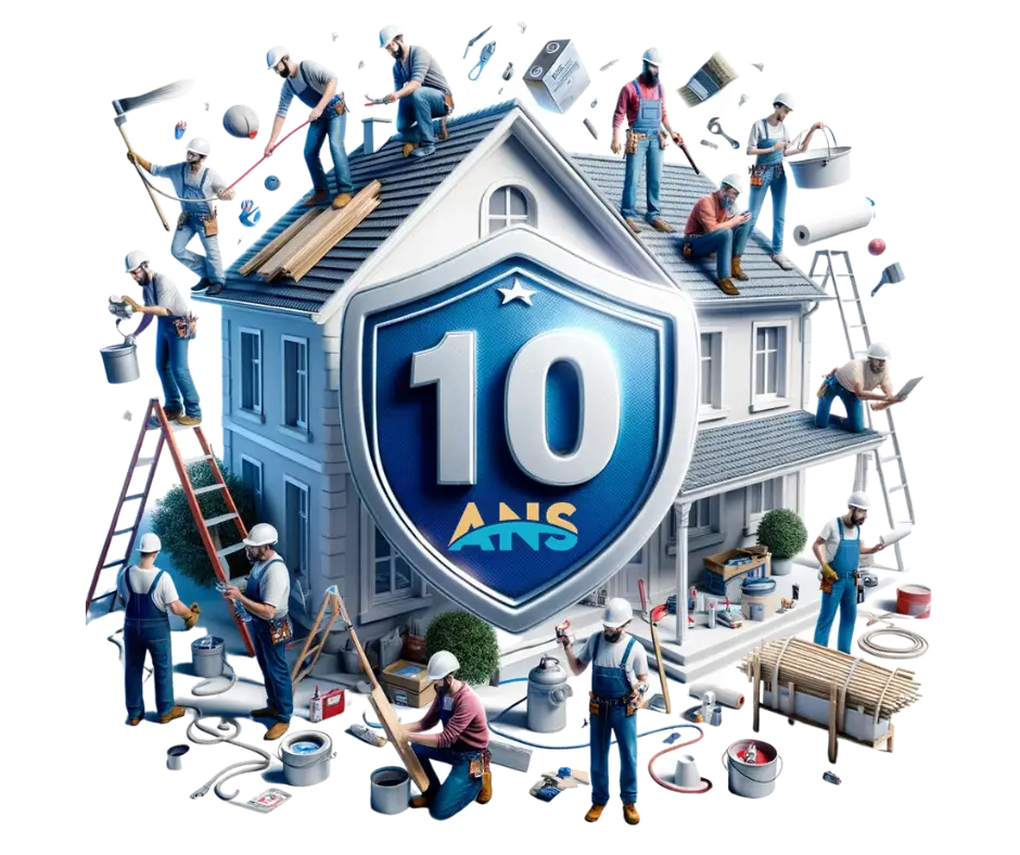 Artisans au travail autour d’un bouclier ‘10 ans’, symbolisant la protection décennale du bâtiment