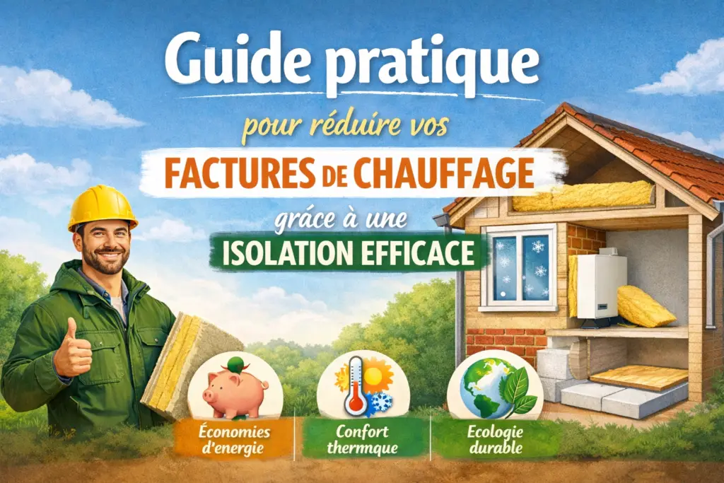 Illustration isolation thermique : maison, radiateur, économies d’énergie, guide pour réduire les factures de chauffage.