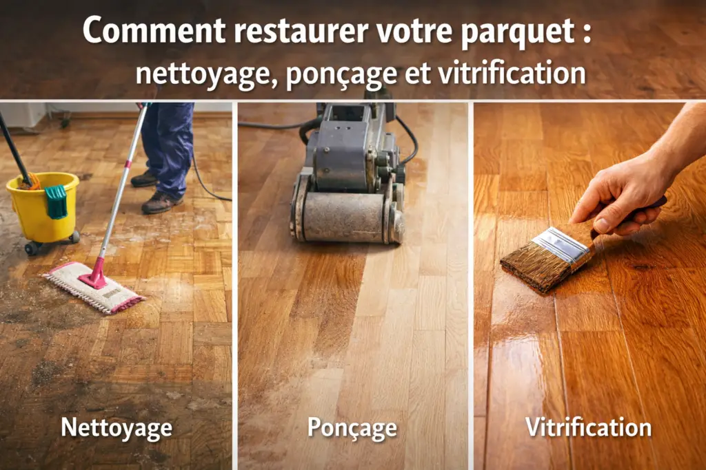 Restauration de parquet en bois : nettoyage, ponçage professionnel et vitrification pour une finition durable