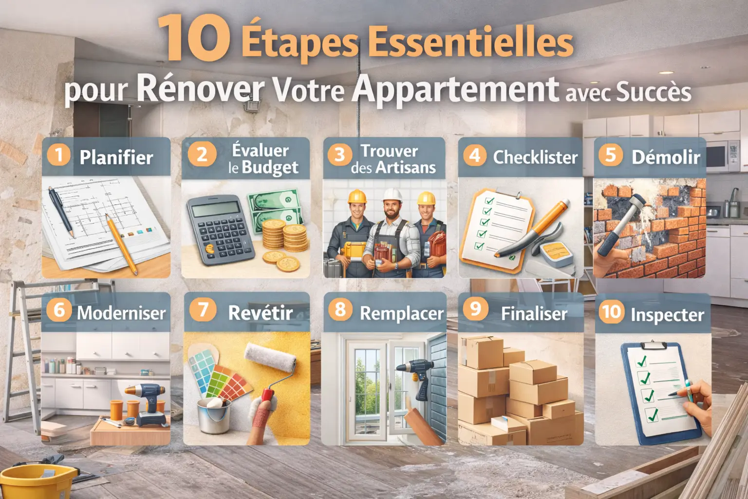 Infographie des 10 étapes pour rénover un appartement : planifier, budget, artisans, checklist, démolition, moderniser, revêtir, remplacer, finaliser, inspecter.