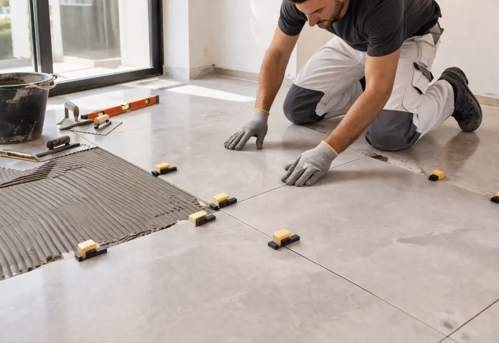 Pose de carrelage grand format avec système de nivellement à Paris