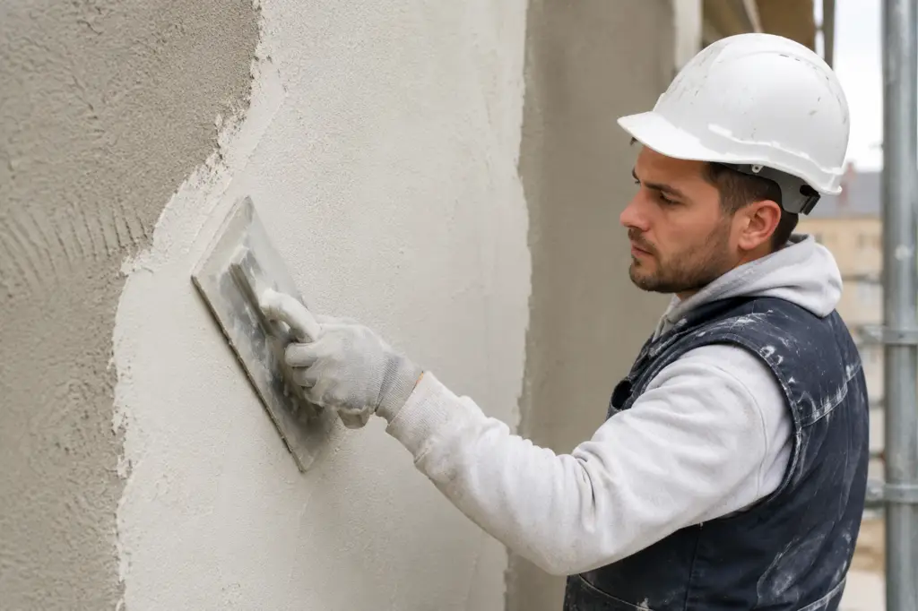 Ouvrier appliquant un enduit de façade sur échafaudage lors d’un ravalement de façade à Paris