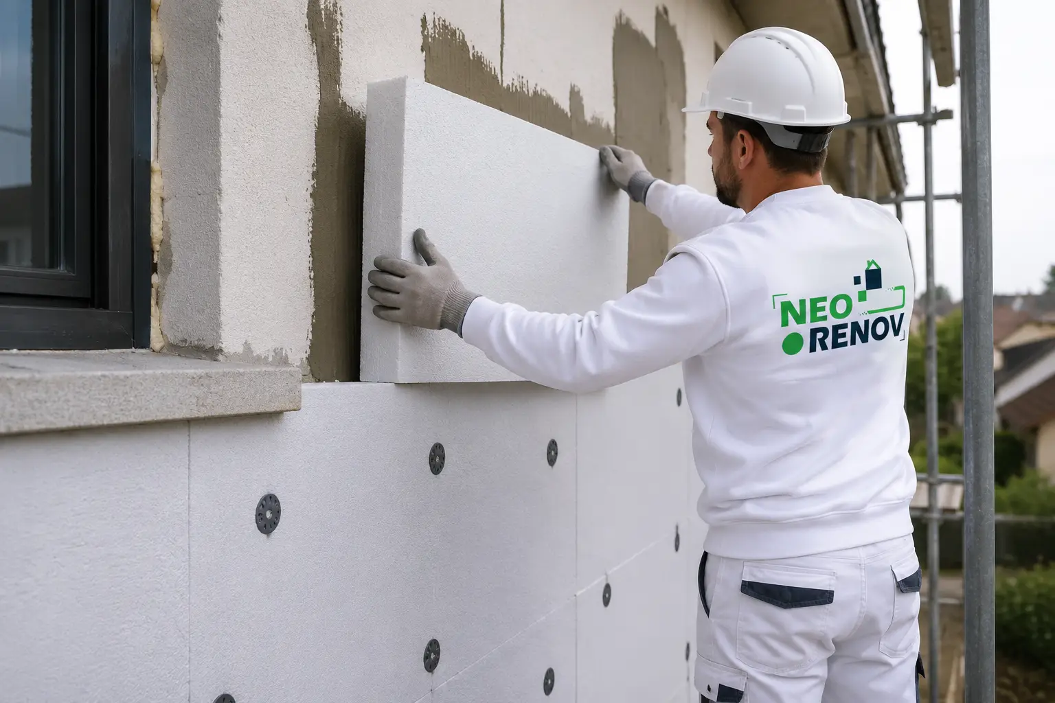 Ouvrier réalisant une isolation thermique extérieure (ITE) sur façade de maison lors d’un ravalement à Paris