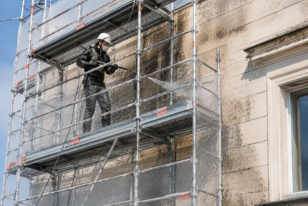 Ouvrier réalisant un nettoyage de façade haute pression sur échafaudage sécurisé lors d’un ravalement de façade à Paris