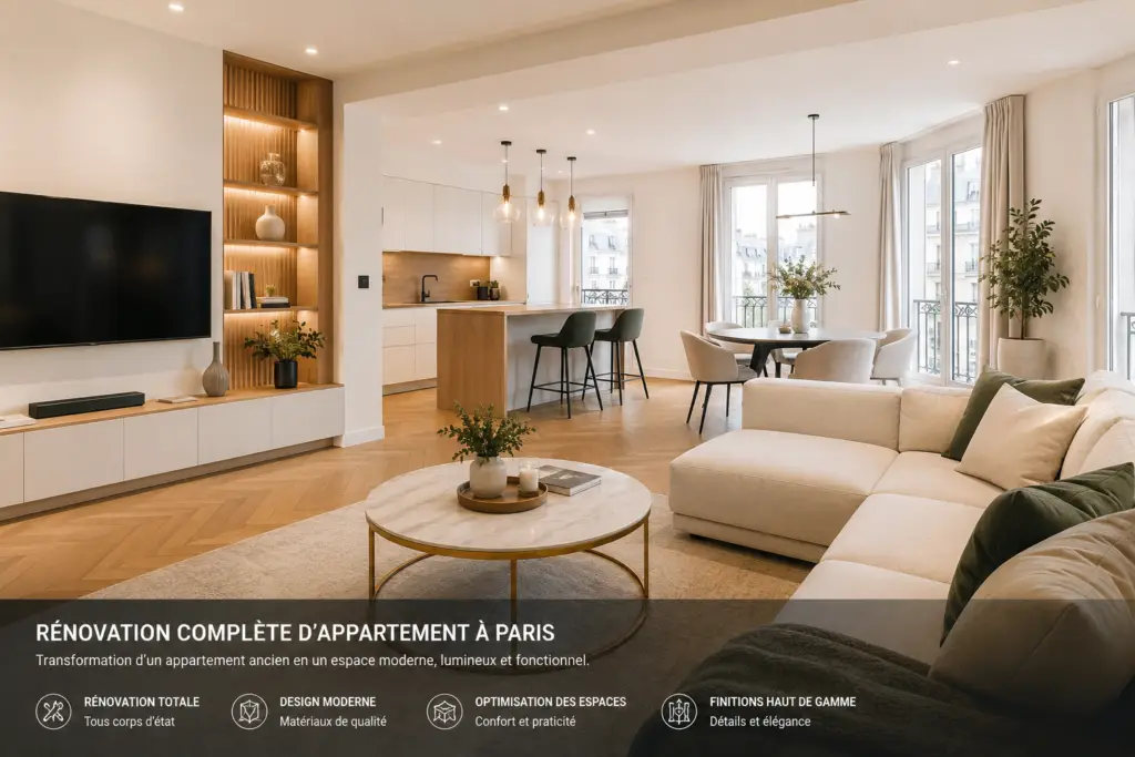 Rénovation complète d’appartement à Paris avec cuisine ouverte, parquet, salon lumineux et finitions haut de gamme