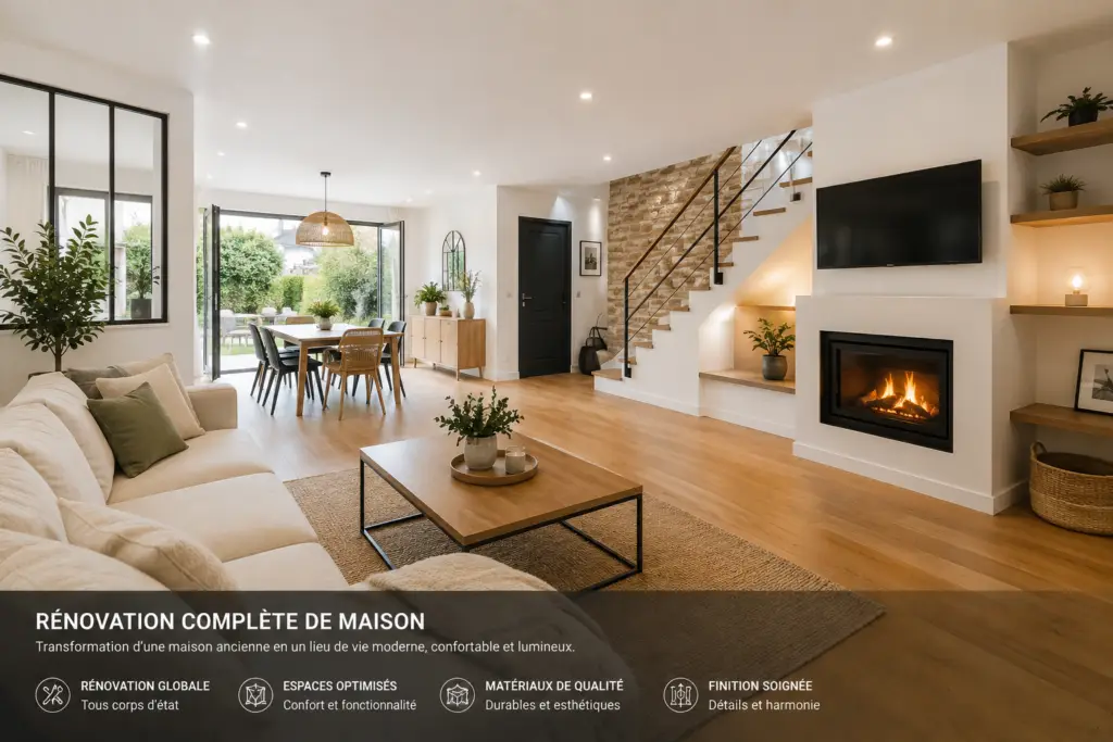 Rénovation complète de maison en Île-de-France avec salon lumineux, parquet bois, cheminée moderne et espaces ouverts