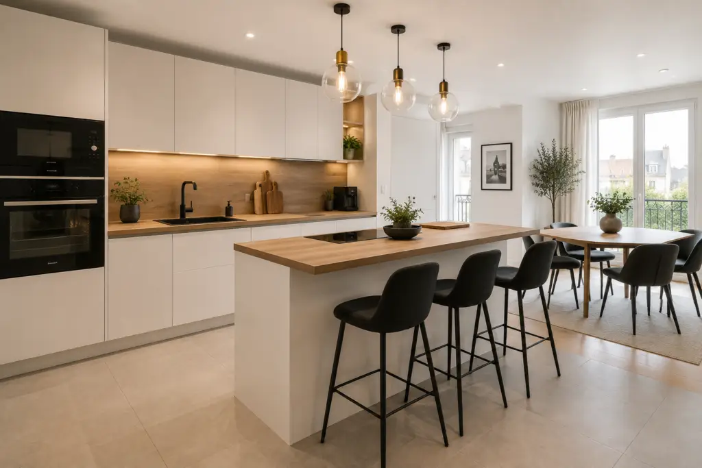 Rénovation de cuisine ouverte moderne avec îlot central, plan de travail bois, rangements intégrés et espace repas lumineux