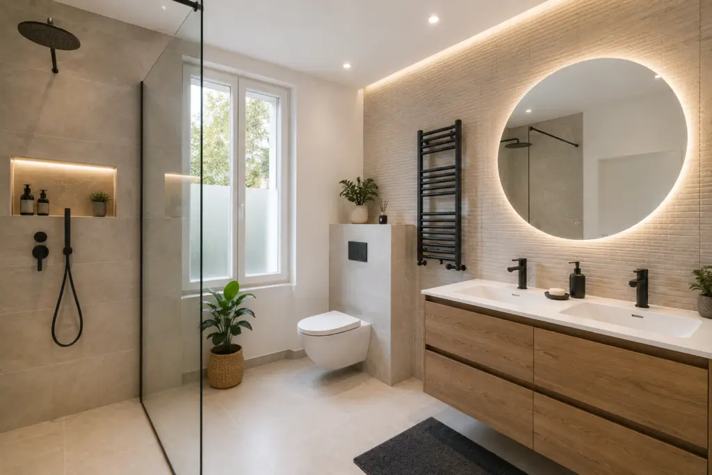 Rénovation de salle de bain moderne avec douche à l’italienne, meuble double vasque, miroir rétroéclairé et carrelage grand format