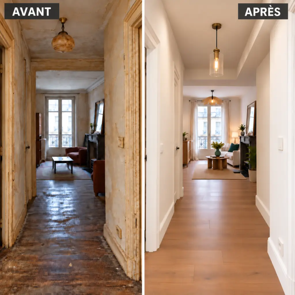 Avant après de la rénovation complète d'un couloir d'appartement haussmannien à Paris
