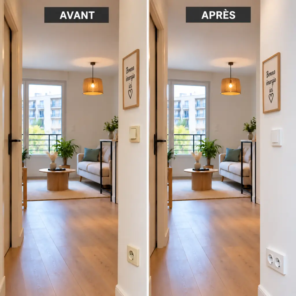 Avant après du remplacement des interrupteurs et prises d'un séjour par un appareillage électrique neuf