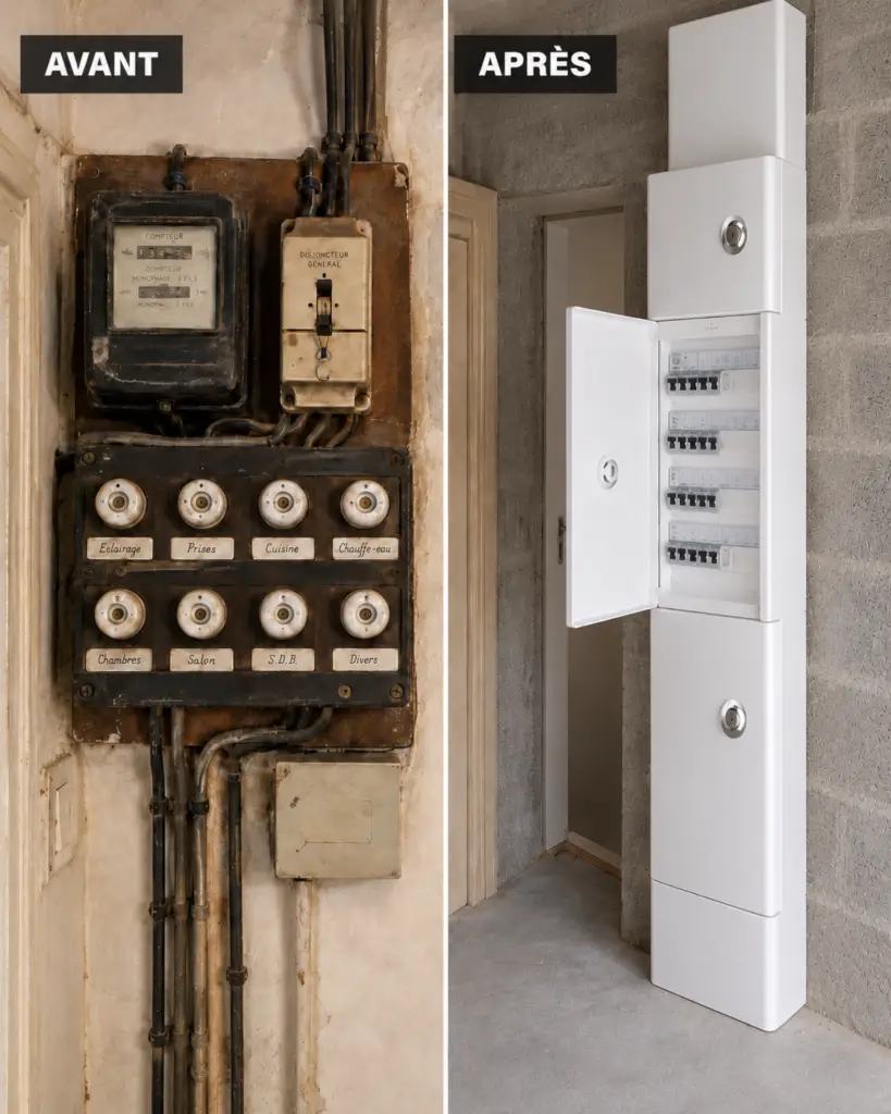 Avant/après d'une rénovation électrique : ancien tableau à fusibles remplacé par un tableau électrique moderne aux normes