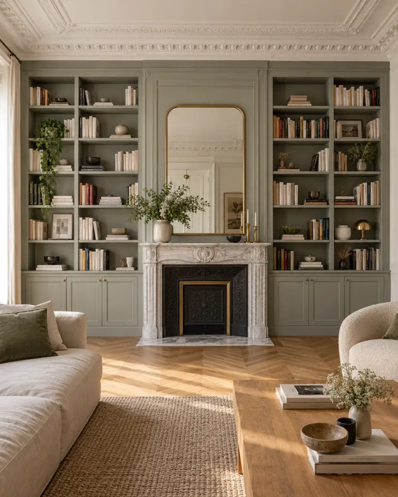 Bibliothèque sur mesure vert sauge encadrant une cheminée en marbre dans un salon haussmannien