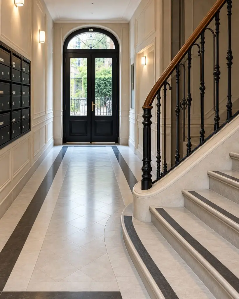 Carrelage d'un hall d'immeuble rénové en copropriété à Paris