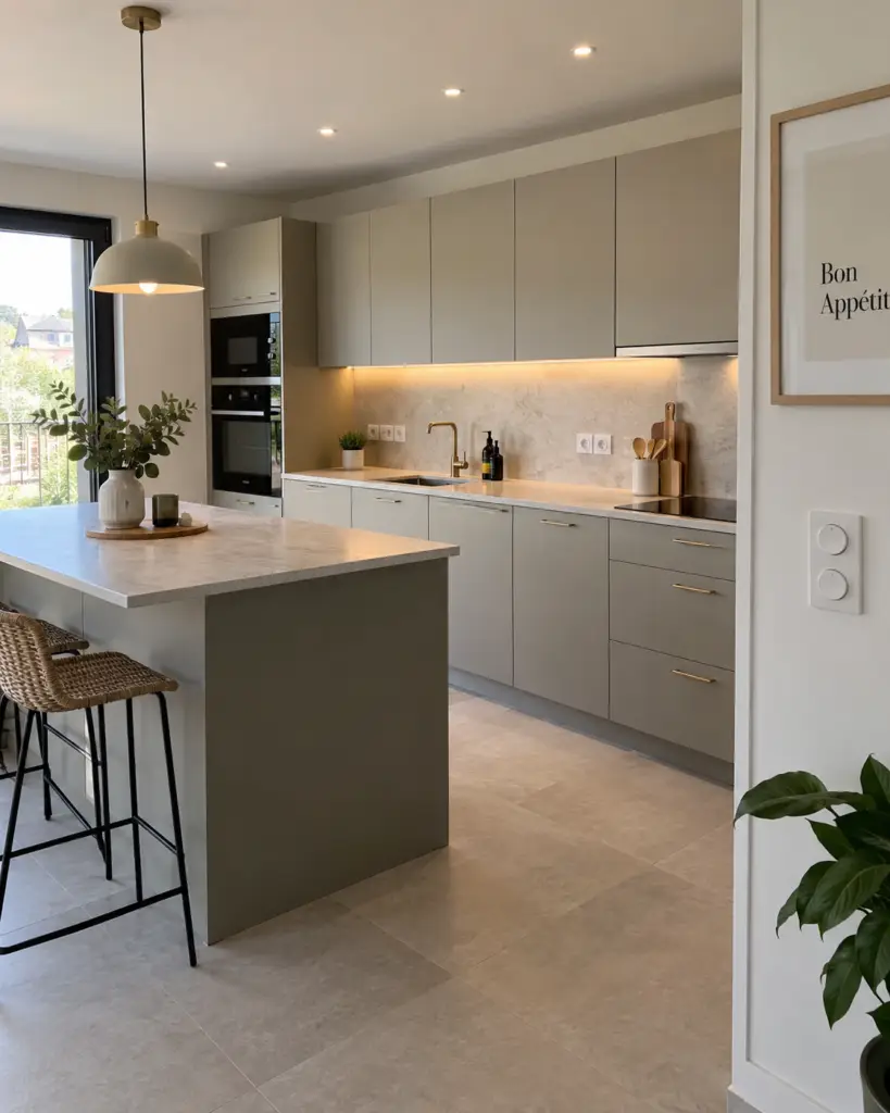 Cuisine refaite avec circuits spécialisés pour l'électroménager et éclairage en suspension