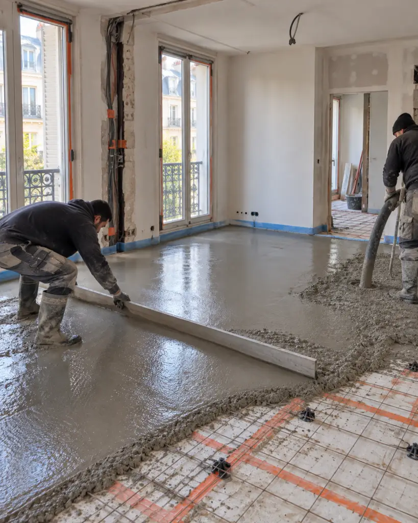 Chape tirée à la règle lors d'une rénovation d'appartement à Paris