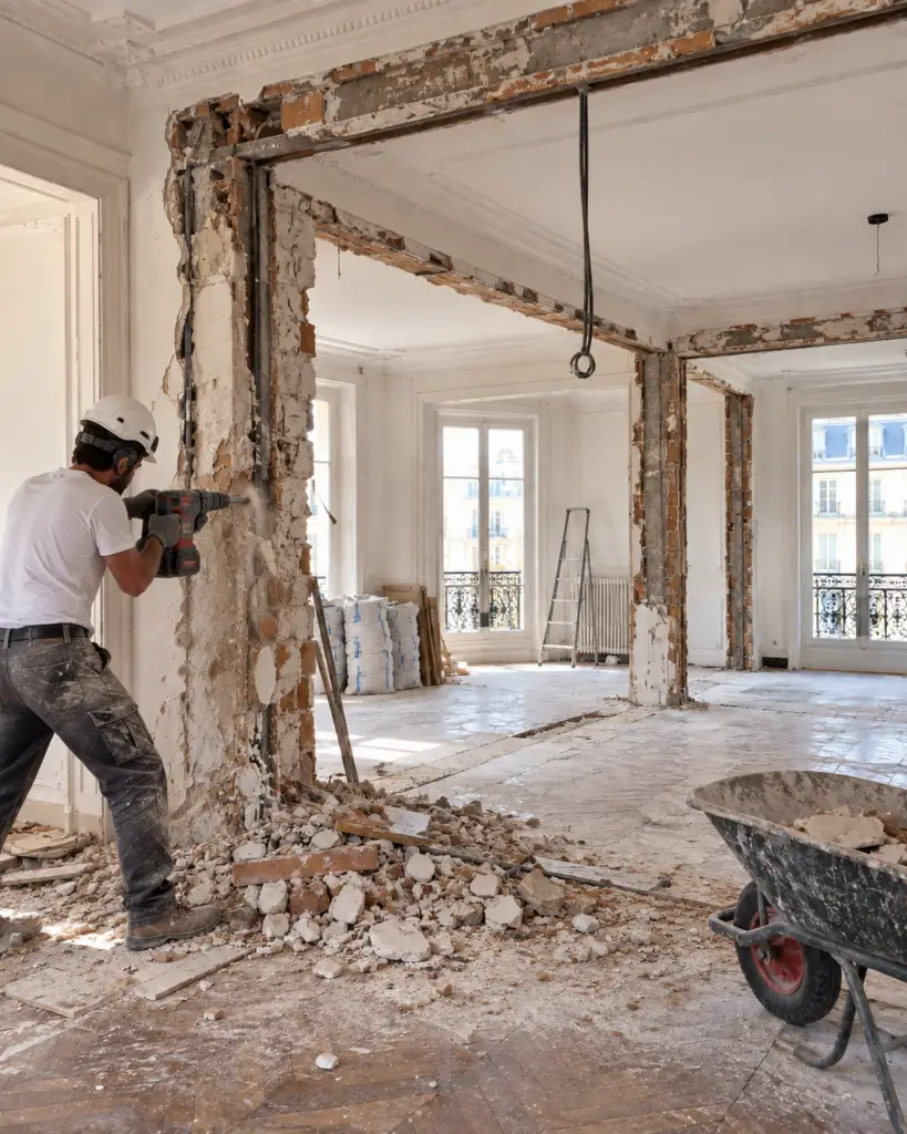 Ouvrier démolissant une cloison au perforateur lors du curage d'un appartement haussmannien à Paris