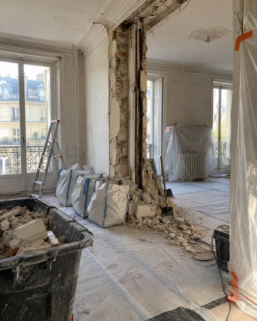 Démolition de cloisons lors du curage d'un appartement en rénovation à Paris