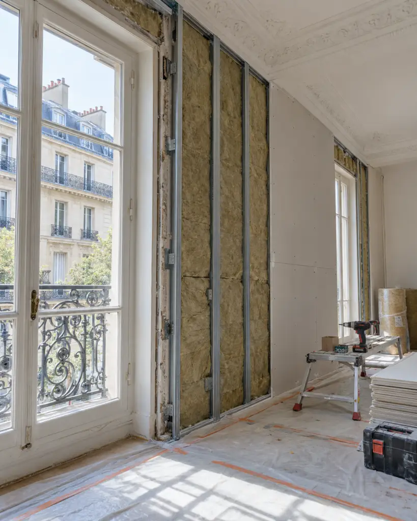 Doublage isolant sur ossature métallique avec laine minérale en cours de pose à Paris