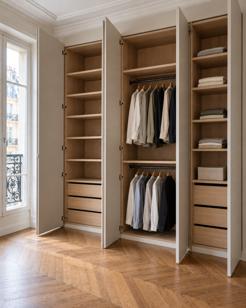 Dressing sur mesure aux portes ouvertes montrant penderies, étagères et tiroirs en chêne