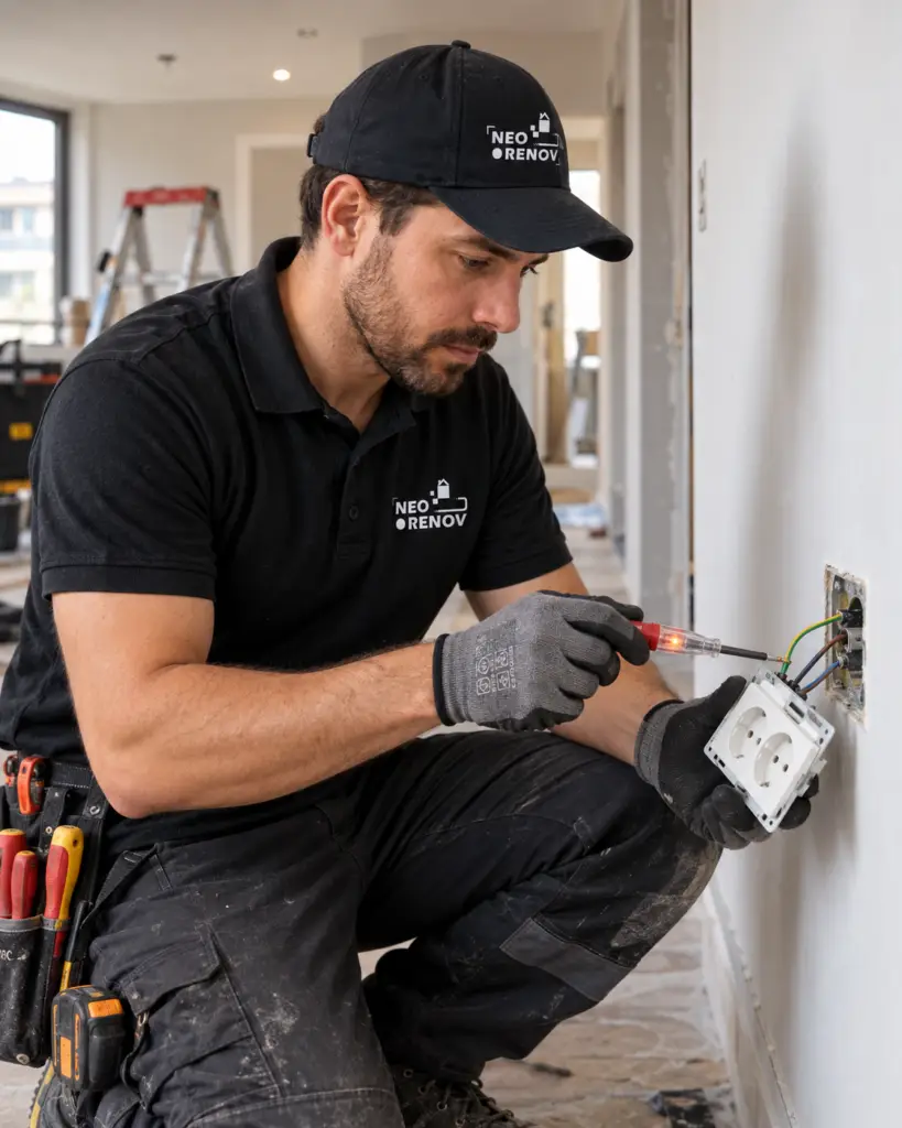 Électricien NEO RENOV installant une prise murale lors d'une rénovation électrique à Paris