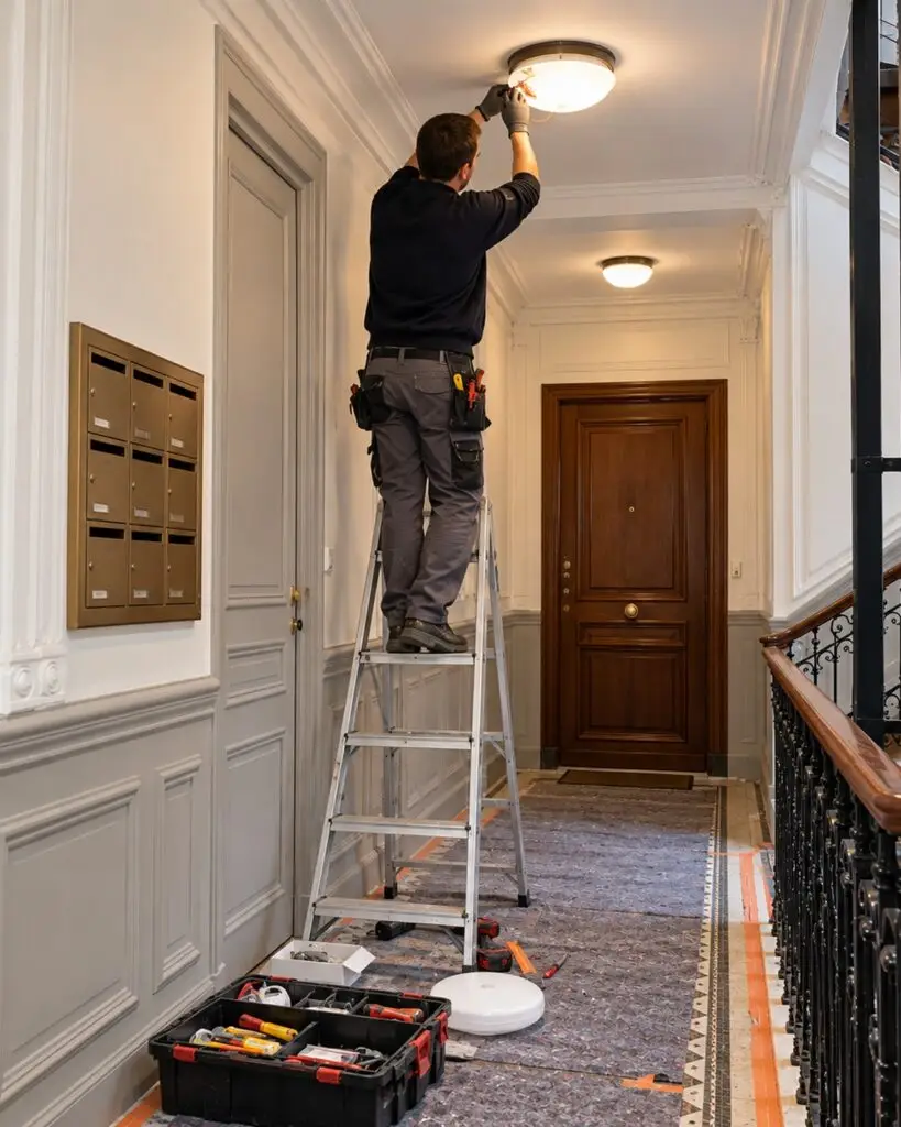 Électricien remplaçant un luminaire sur un palier d'immeuble lors de travaux d'électricité en copropriété à Paris