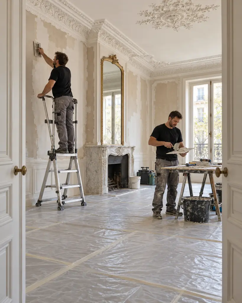 Artisans d'une entreprise de rénovation assurée en décennale travaillant dans un appartement haussmannien à Paris