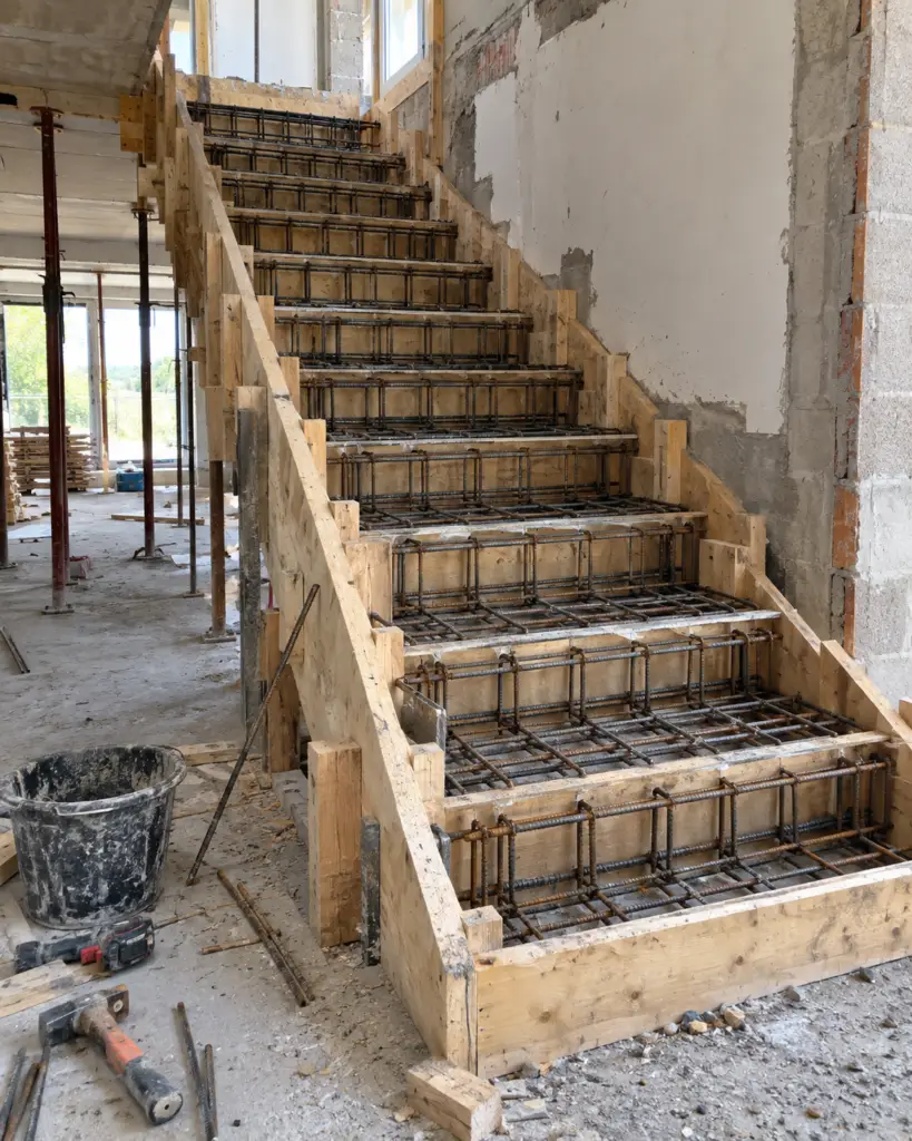 Escalier béton en cours de coffrage et de ferraillage avant coulage sur un chantier de gros-œuvre
