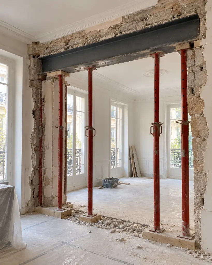 Étaiement de part et d'autre d'un mur porteur avant ouverture dans un appartement parisien