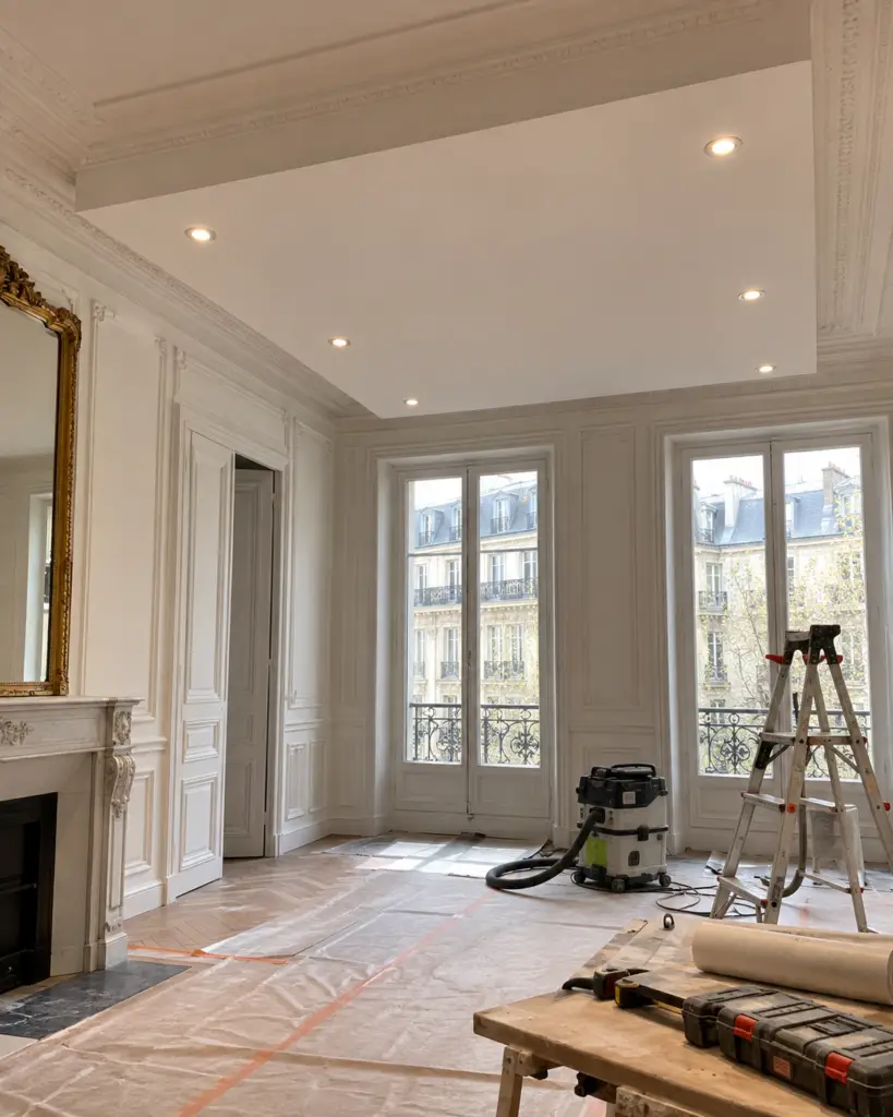 Faux-plafond avec spots encastrés posé en conservant les corniches d'origine à Paris