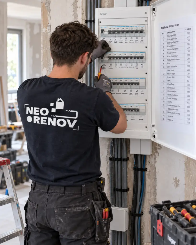 Électricien NEO RENOV câblant un tableau électrique pour une mise aux normes NF C 15-100