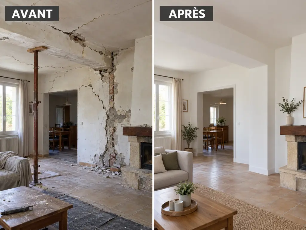 Avant après d'une ouverture de mur porteur créant une cuisine ouverte avec poutre IPN apparente