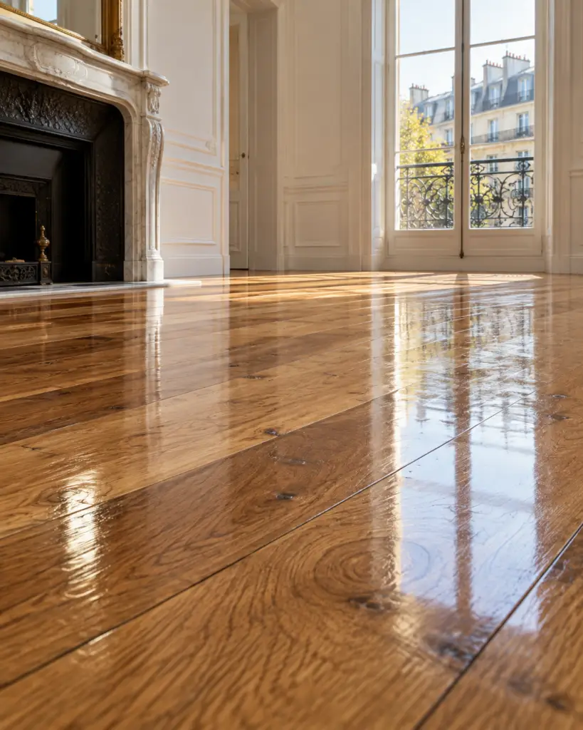 Parquet en chêne massif poncé et vitrifié dans un appartement haussmannien à Paris