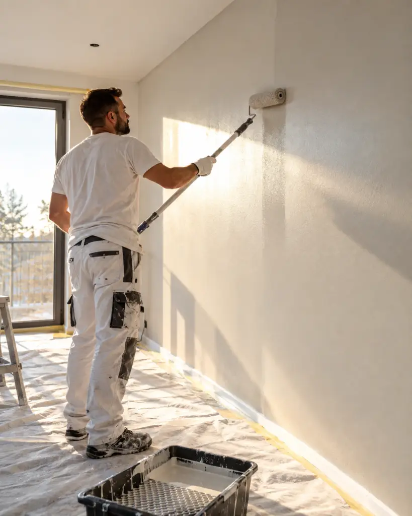 Peintre appliquant une peinture au rouleau sur un mur lors d'un chantier de rénovation