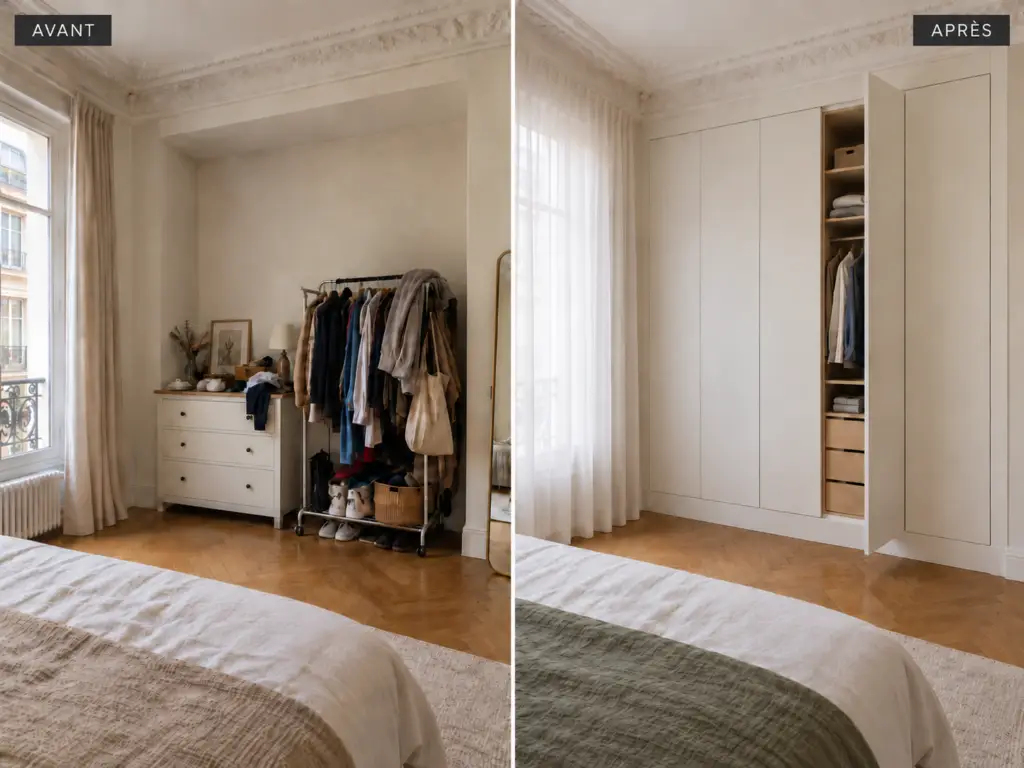 Avant après d'une alcôve de chambre transformée en placard sur mesure toute hauteur