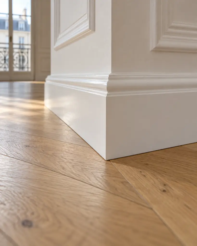 Plinthe moulurée laquée blanche et raccord net avec un parquet chêne en point de Hongrie