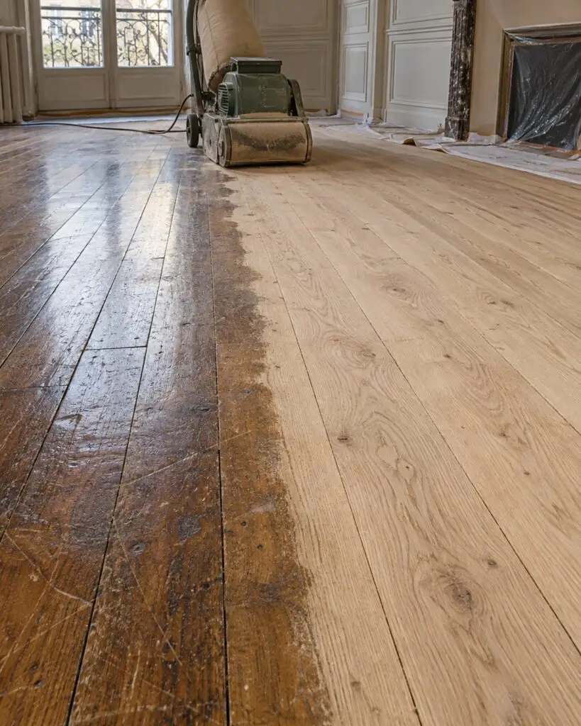 Ponçage d'un parquet ancien en cours, limite nette entre l'ancien vernis et le chêne mis à nu