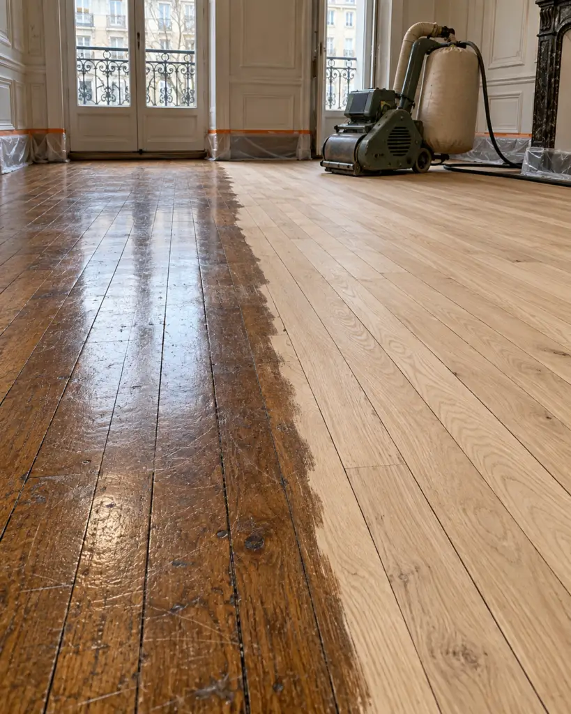 Ponçage d'un parquet chêne à la ponceuse à bande dans un appartement haussmannien parisien