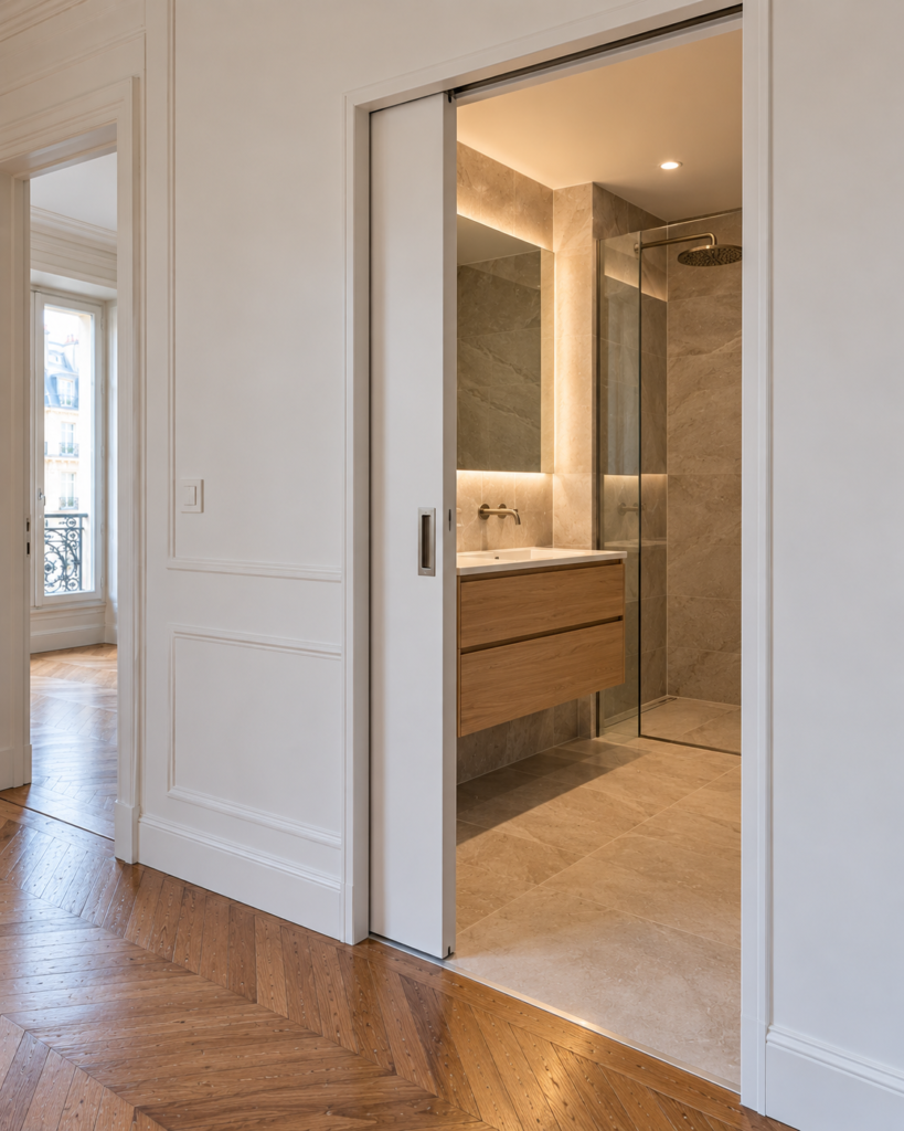 Porte à galandage ouverte sur une salle d'eau dans un appartement parisien rénové