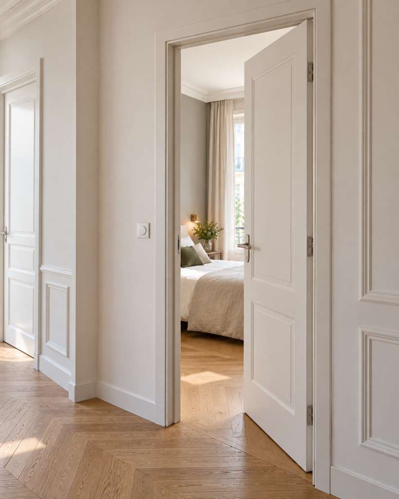 Porte intérieure à panneaux moulurés repeinte ouverte sur une chambre haussmannienne