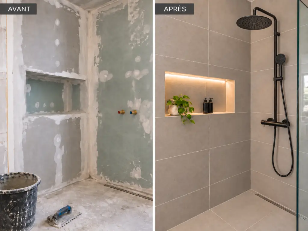 Avant après d'une douche à l'italienne : pose de carrelage grand format et de faïence murale à Paris