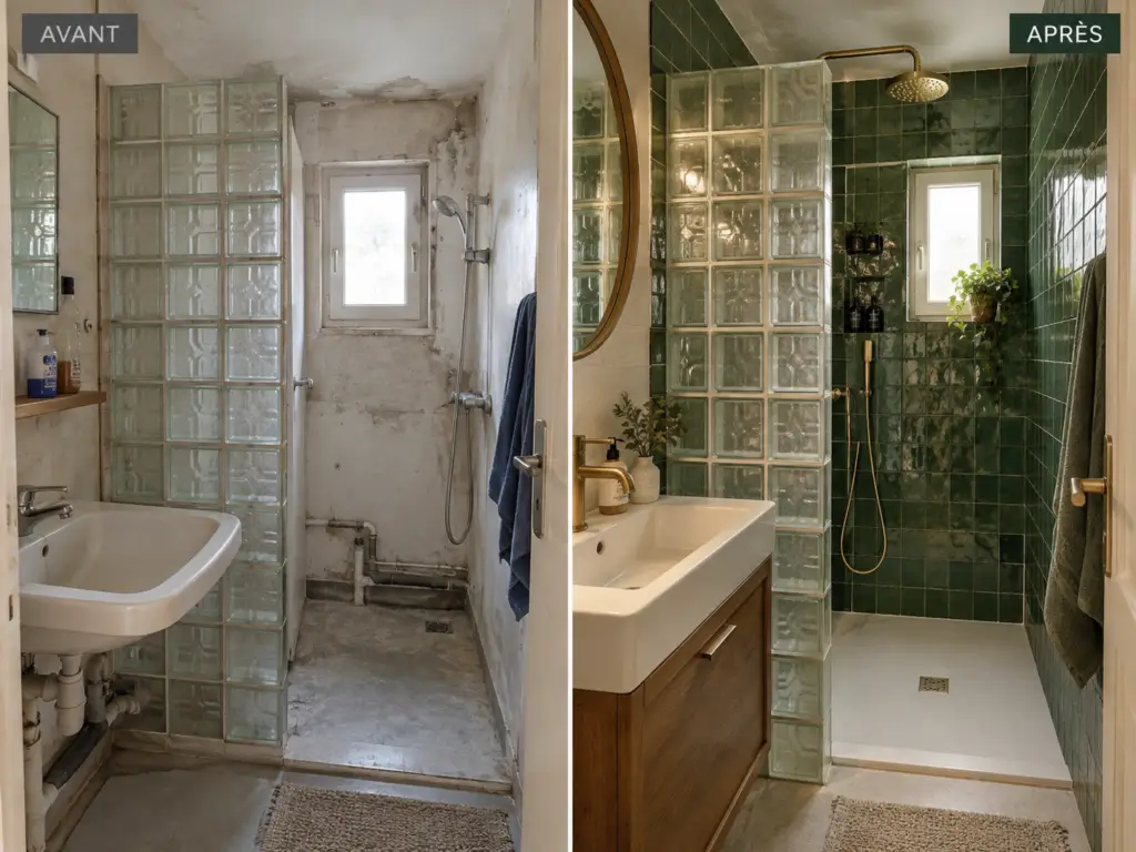Salle d'eau rénovée avec faïence zellige verte en Île-de-France