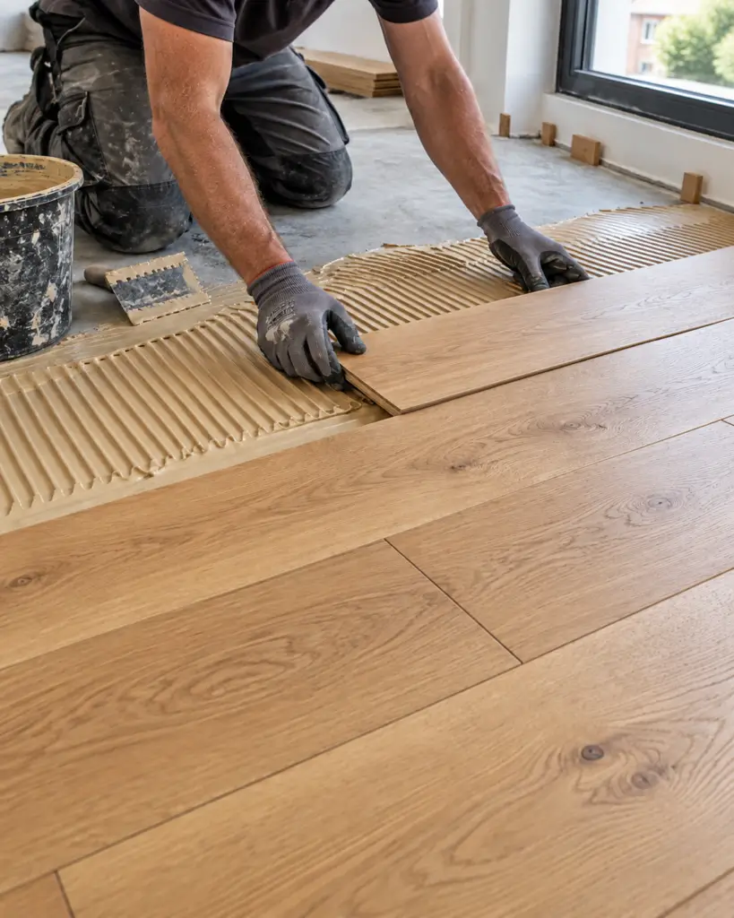 Parqueteur posant une lame de parquet chêne sur une colle appliquée à la spatule crantée