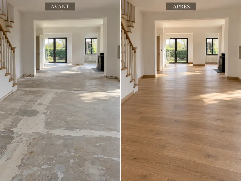 Avant après d'une pose de parquet contrecollé chêne dans une maison : dalle béton nue puis parquet posé en continu