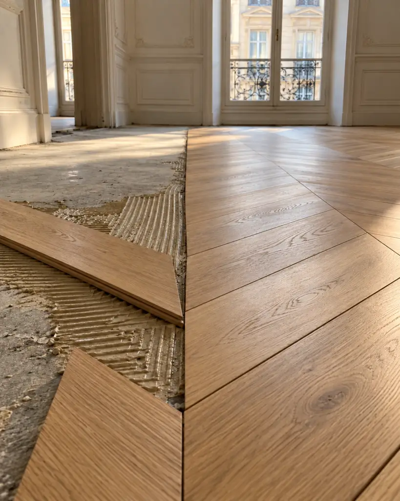 Pose d'un parquet en point de Hongrie en cours dans un appartement haussmannien parisien