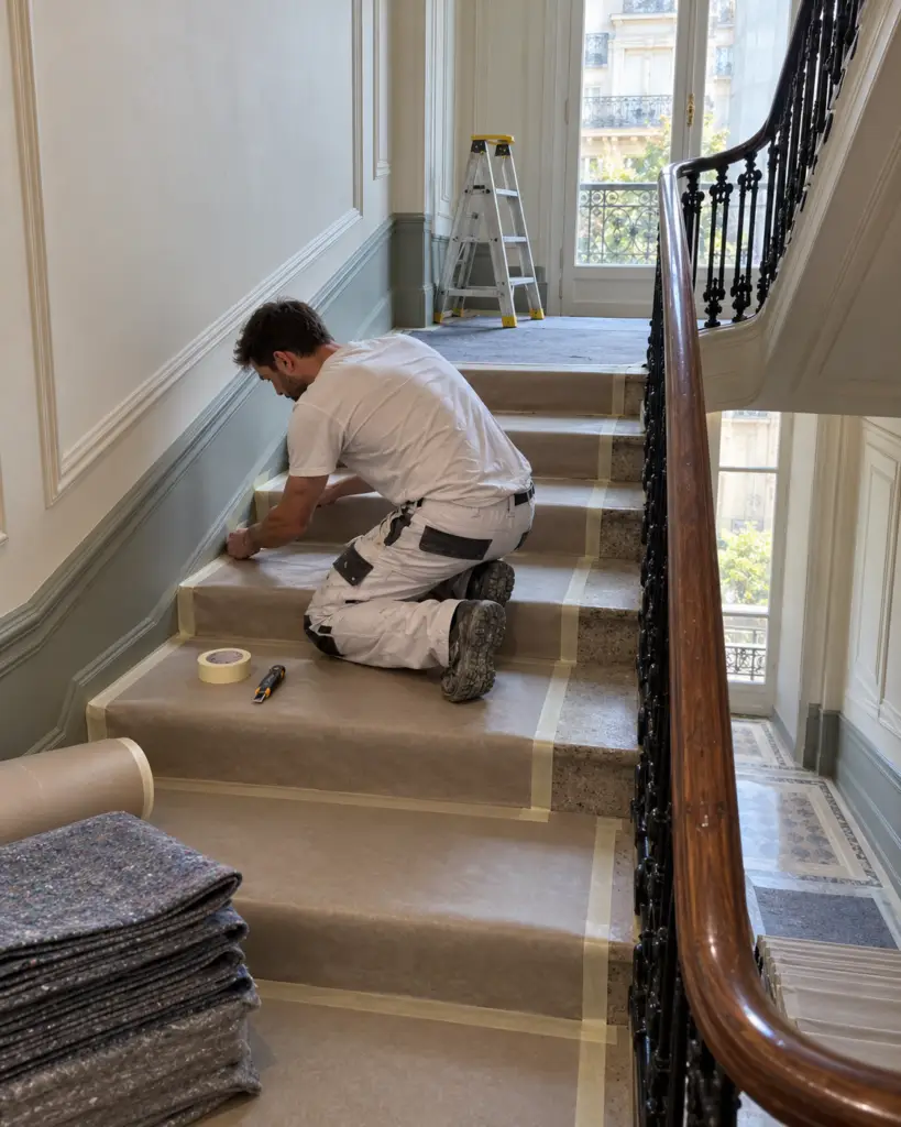 Peintre posant les protections sur les marches d'un escalier d'immeuble avant travauxPeintre posant les protections sur les marches d'un escalier d'immeuble avant travaux