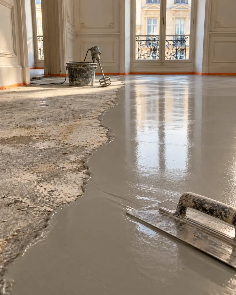 Ragréage autolissant en cours d'application sur le sol d'un appartement haussmannien à Paris