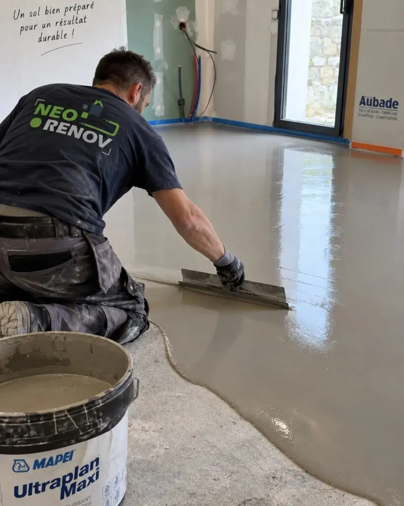 Ragréage fibré et étanchéité SPEC avant pose de carrelage dans une salle de bains