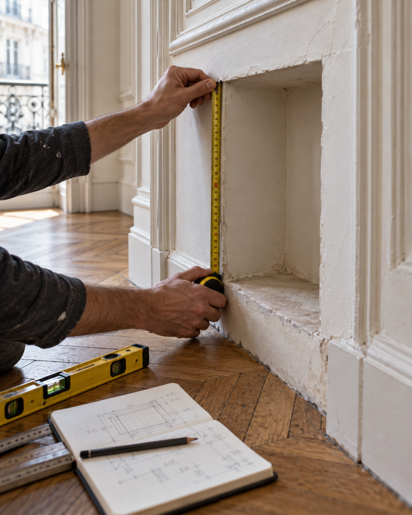 Menuisier relevant les cotes d'une niche ancienne avant fabrication d'un aménagement sur mesure