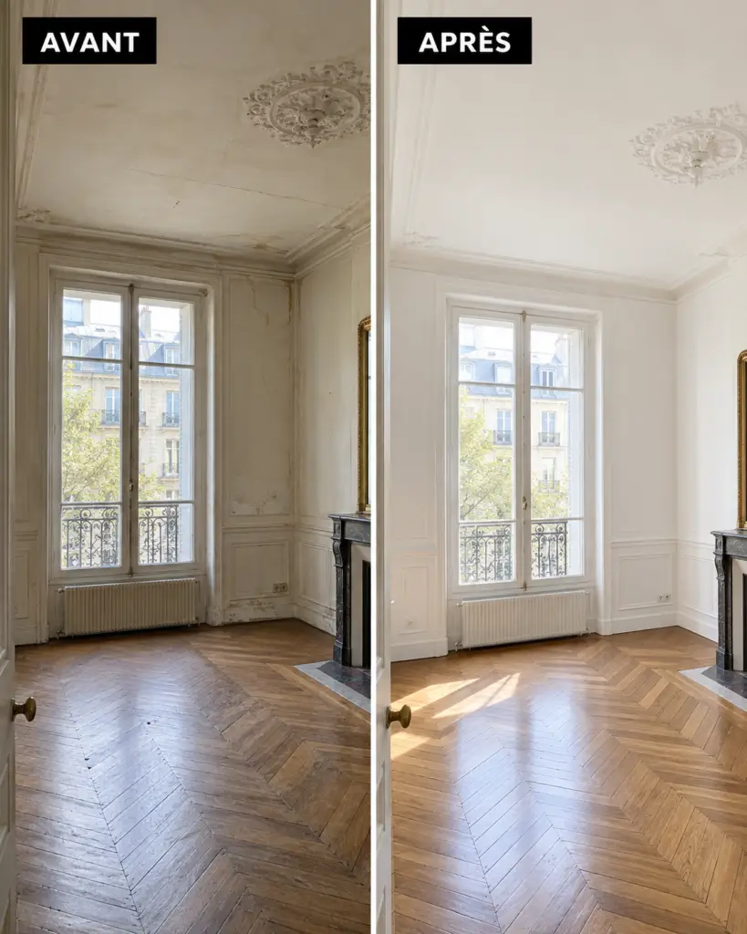 Avant après de la remise en peinture d'une chambre haussmannienne à Paris
