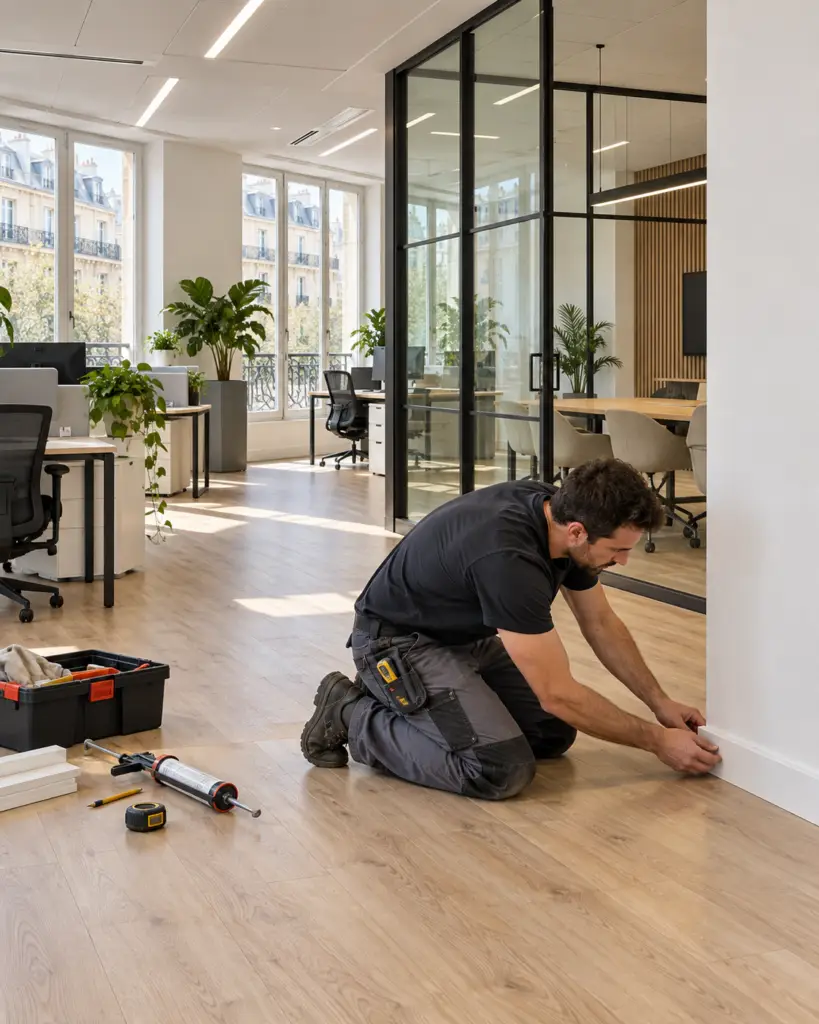Artisan posant des plinthes dans un plateau de bureaux rénové à Paris